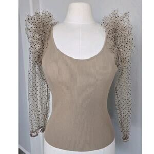 Dolan Ruffle Fairy Shoulder Sheer Polka Dot Sleeve Ribbed Body Top Blouse Sz S